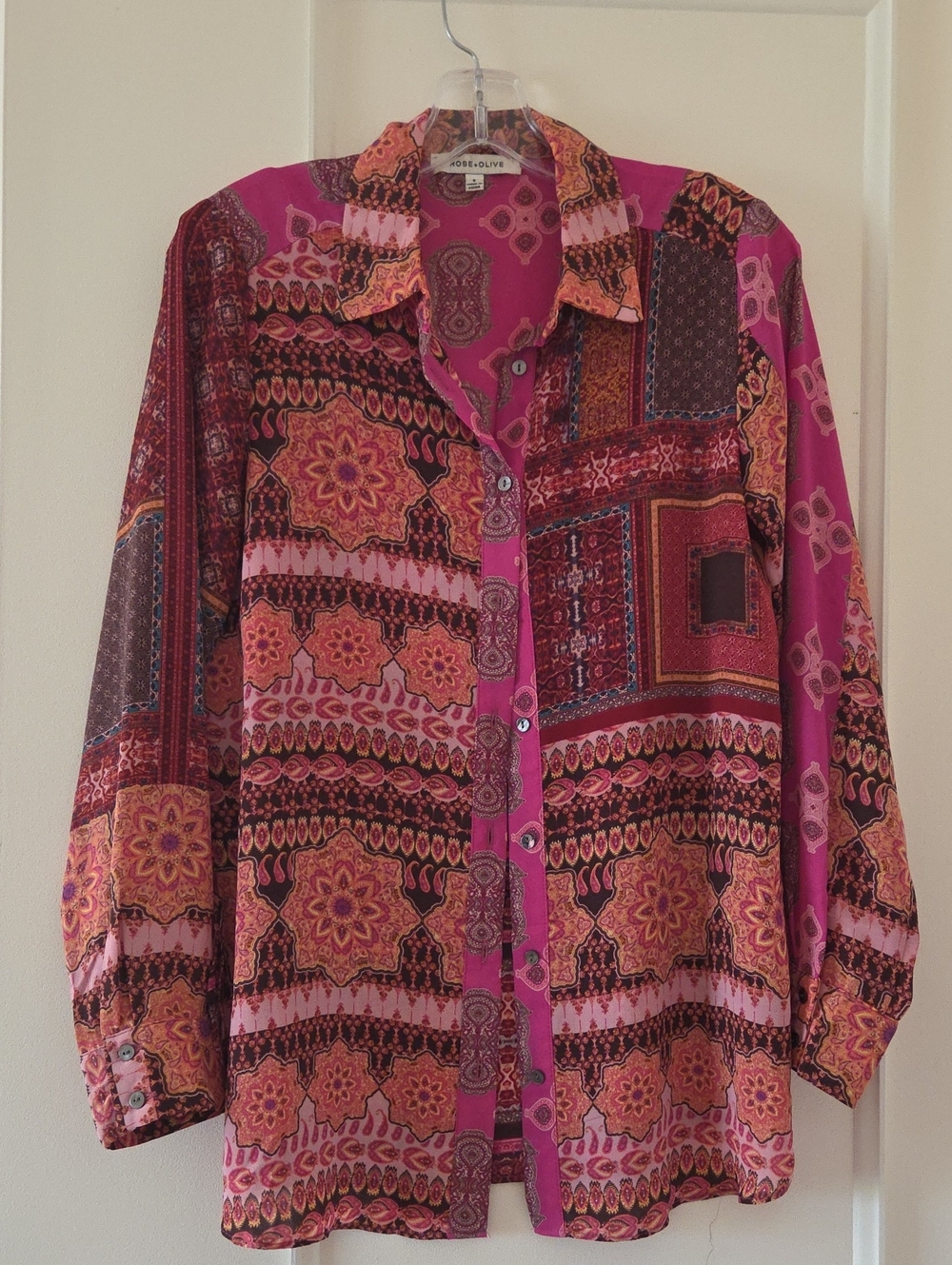 Rose & Olive Pink and Orange Patchwork Paisley Button-Down Shirt